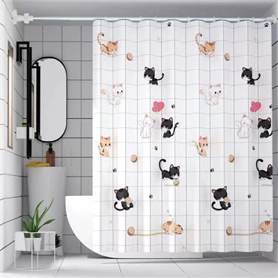 Nuevo Cortina de ducha PEVA con estampado de gato de dibujos animados, cortina divisoria